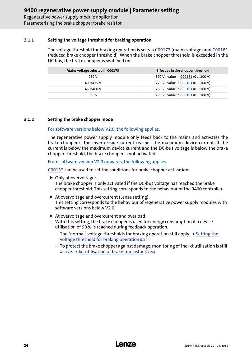 2 setting the brake chopper mode, Setting the brake chopper mode | Lenze E94ARNE Regenerative power supply User Manual | Page 24 / 360