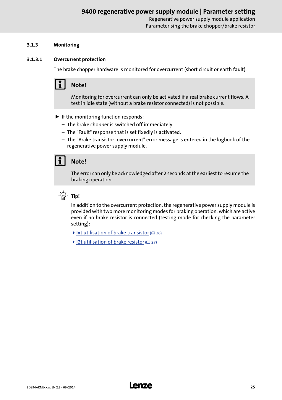 3 monitoring, 1 overcurrent protection, Monitoring | Overcurrent protection | Lenze E94ARNE Regenerative power supply User Manual | Page 25 / 360