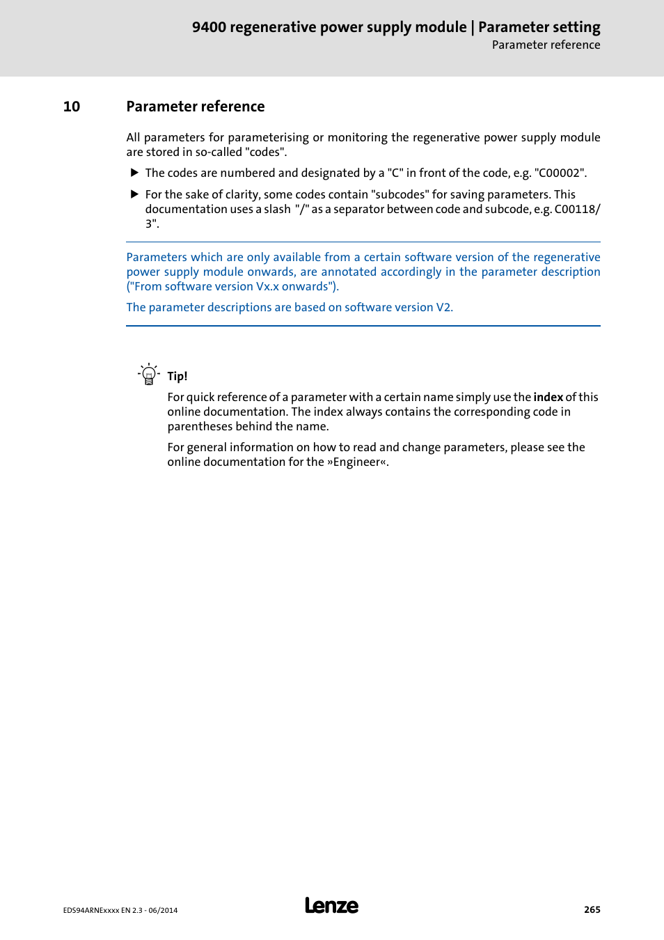 10 parameter reference, Parameter reference, Parameter description, please see the chapter | Lenze E94ARNE Regenerative power supply User Manual | Page 265 / 360