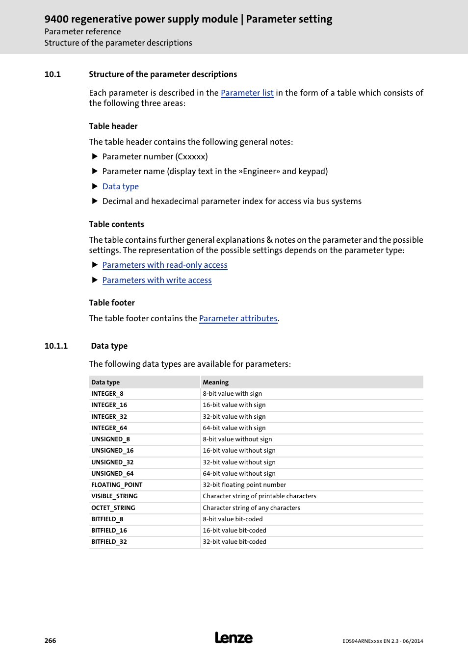 1 structure of the parameter descriptions, 1 data type, Structure of the parameter descriptions | Data type | Lenze E94ARNE Regenerative power supply User Manual | Page 266 / 360