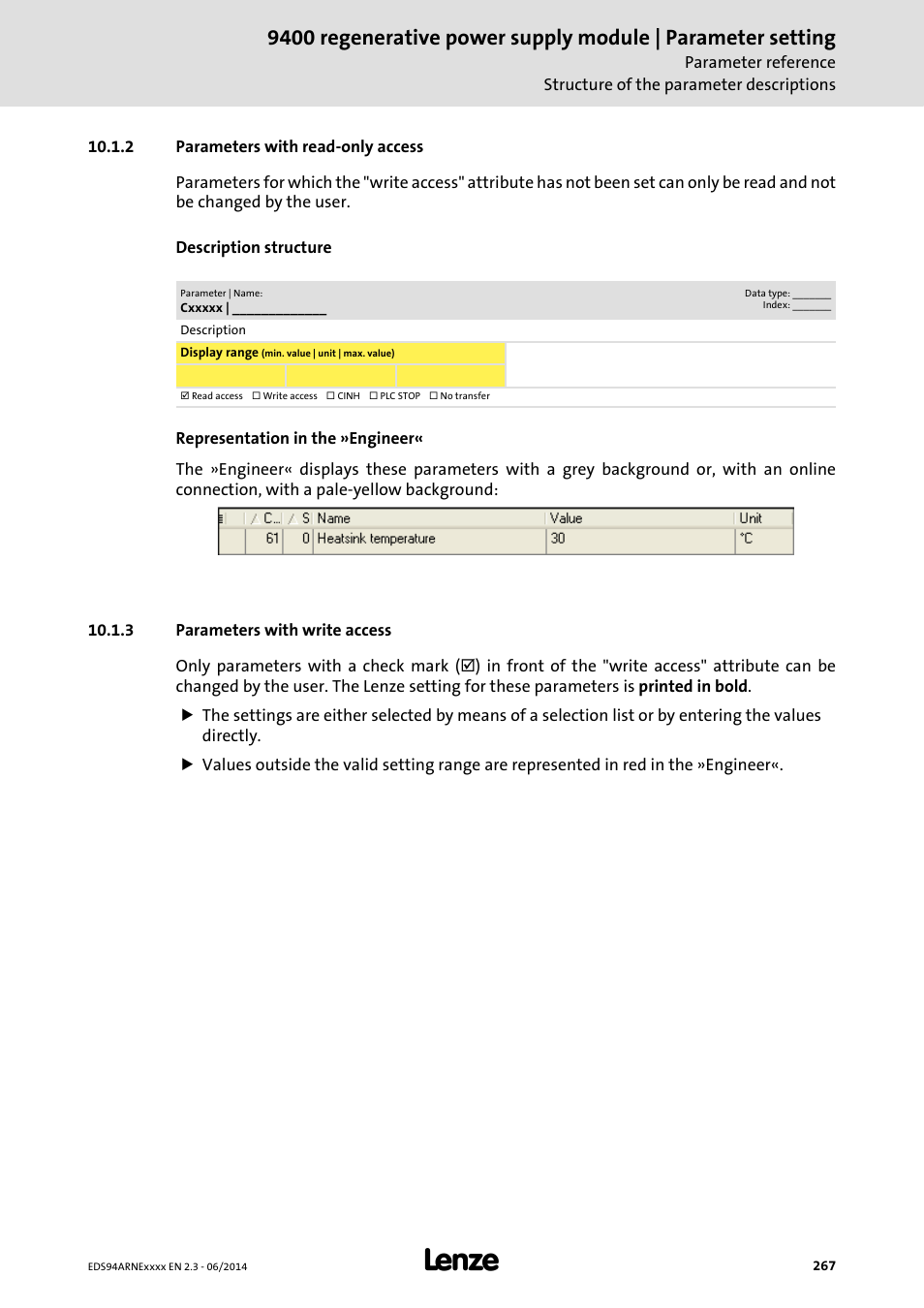 2 parameters with read-only access, 3 parameters with write access, Parameters with read-only access | Parameters with write access | Lenze E94ARNE Regenerative power supply User Manual | Page 267 / 360