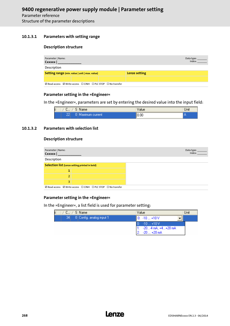 1 parameters with setting range, 2 parameters with selection list, Parameters with setting range | Parameters with selection list | Lenze E94ARNE Regenerative power supply User Manual | Page 268 / 360