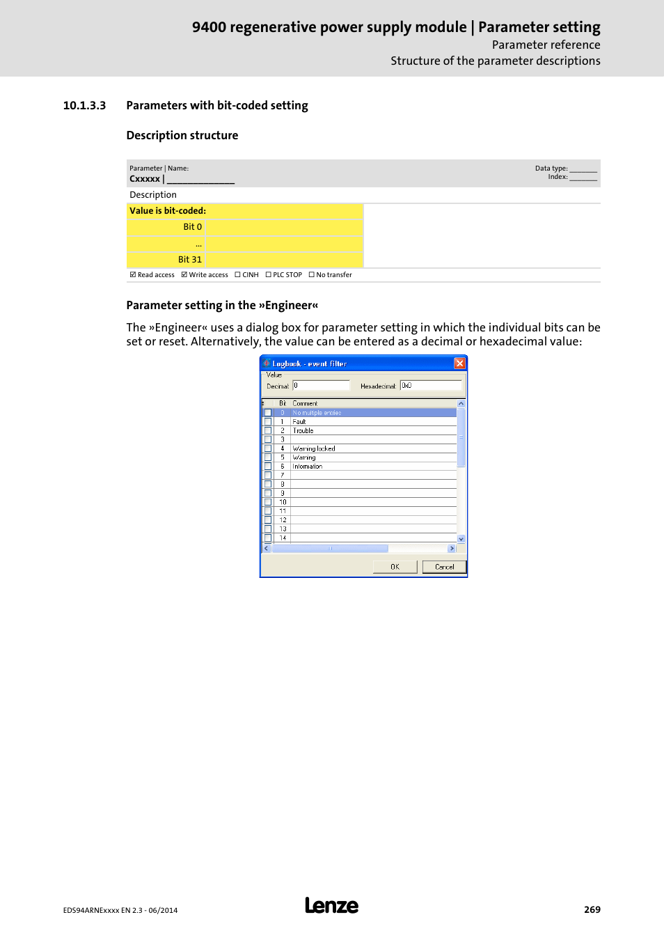 3 parameters with bit-coded setting, Parameters with bit-coded setting | Lenze E94ARNE Regenerative power supply User Manual | Page 269 / 360