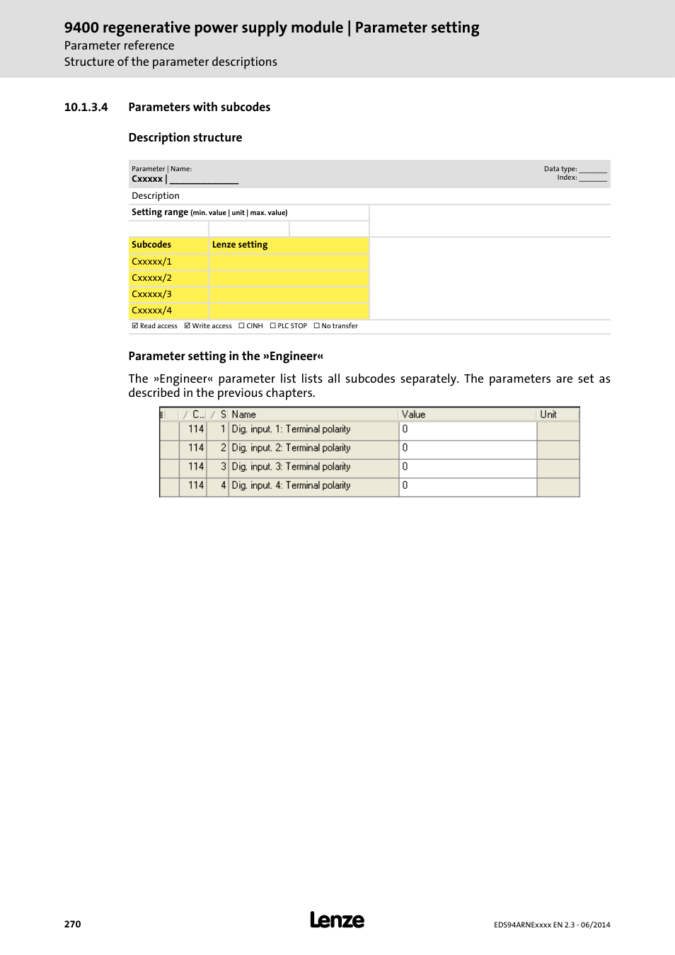 4 parameters with subcodes, Parameters with subcodes | Lenze E94ARNE Regenerative power supply User Manual | Page 270 / 360