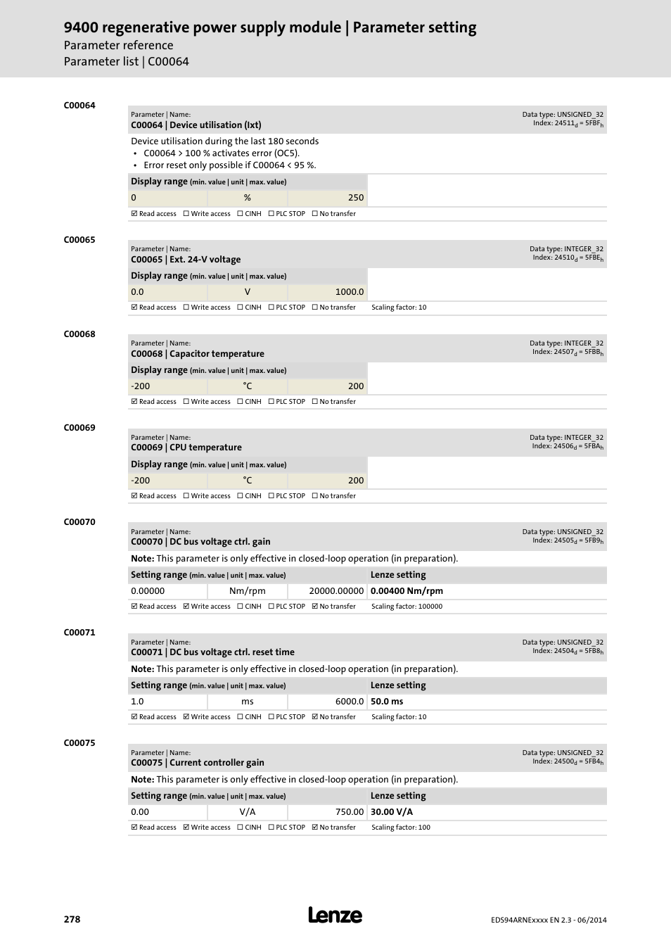 C00064 | device utilisation (ixt), C00065 | ext. 24-v voltage, C00068 | capacitor temperature | C00069 | cpu temperature, C00070 | dc bus voltage ctrl. gain, C00071 | dc bus voltage ctrl. reset time, C00075 | current controller gain, Ic filter nameplate (enp), C00070, C00071 | Lenze E94ARNE Regenerative power supply User Manual | Page 278 / 360