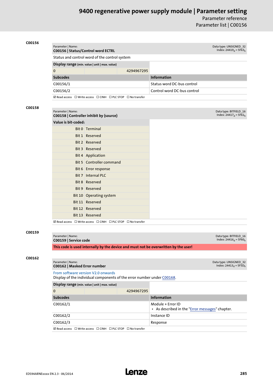 C00156 | status/control word ectrl, C00158 | controller inhibit by (source), C00159 | service code | C00162 | masked error number, C00158 | Lenze E94ARNE Regenerative power supply User Manual | Page 285 / 360