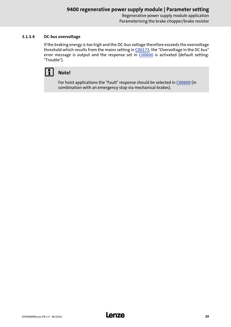 4 dc-bus overvoltage, Dc-bus overvoltage | Lenze E94ARNE Regenerative power supply User Manual | Page 29 / 360