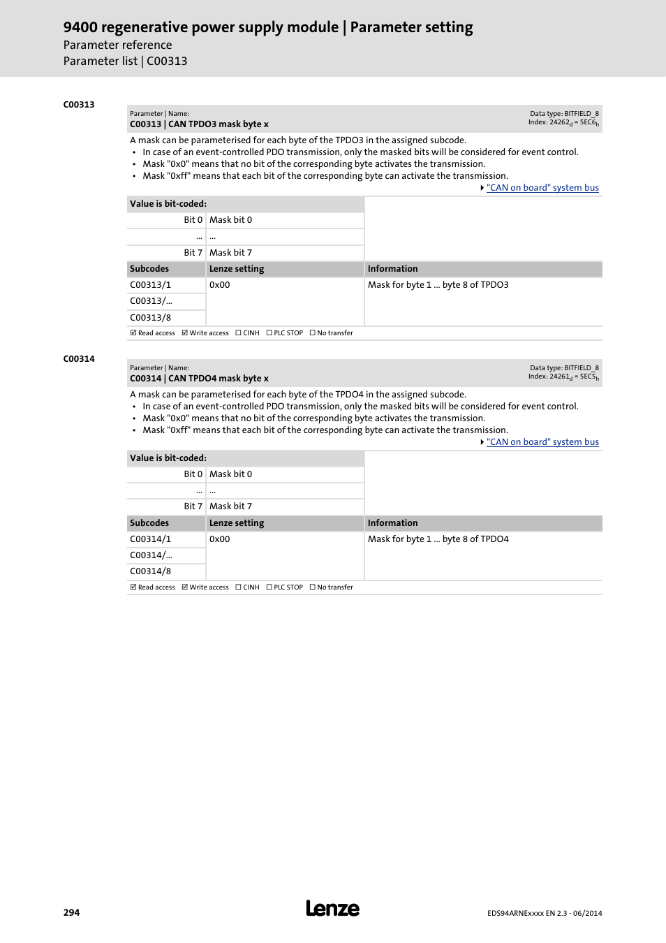 C00313 | can tpdo3 mask byte x, C00314 | can tpdo4 mask byte x, C00313/1 | C00314/1 | Lenze E94ARNE Regenerative power supply User Manual | Page 294 / 360