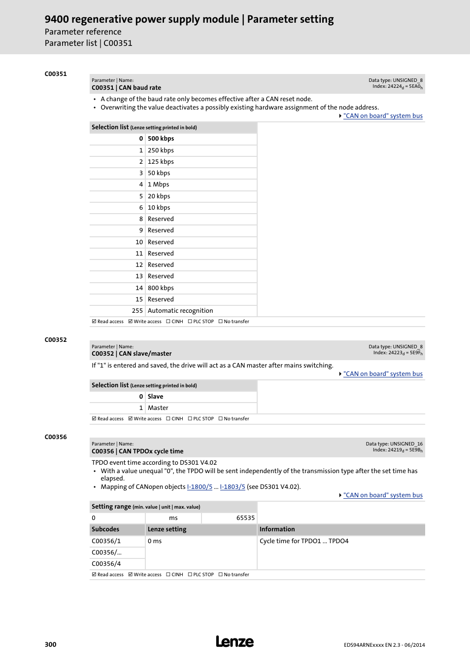 C00351 | can baud rate, C00352 | can slave/master, C00356 | can tpdox cycle time | C00351, S) and, C00352, C00356/1, Configure the controller as nmt master: set, C00356/2, C00356/3 | Lenze E94ARNE Regenerative power supply User Manual | Page 300 / 360