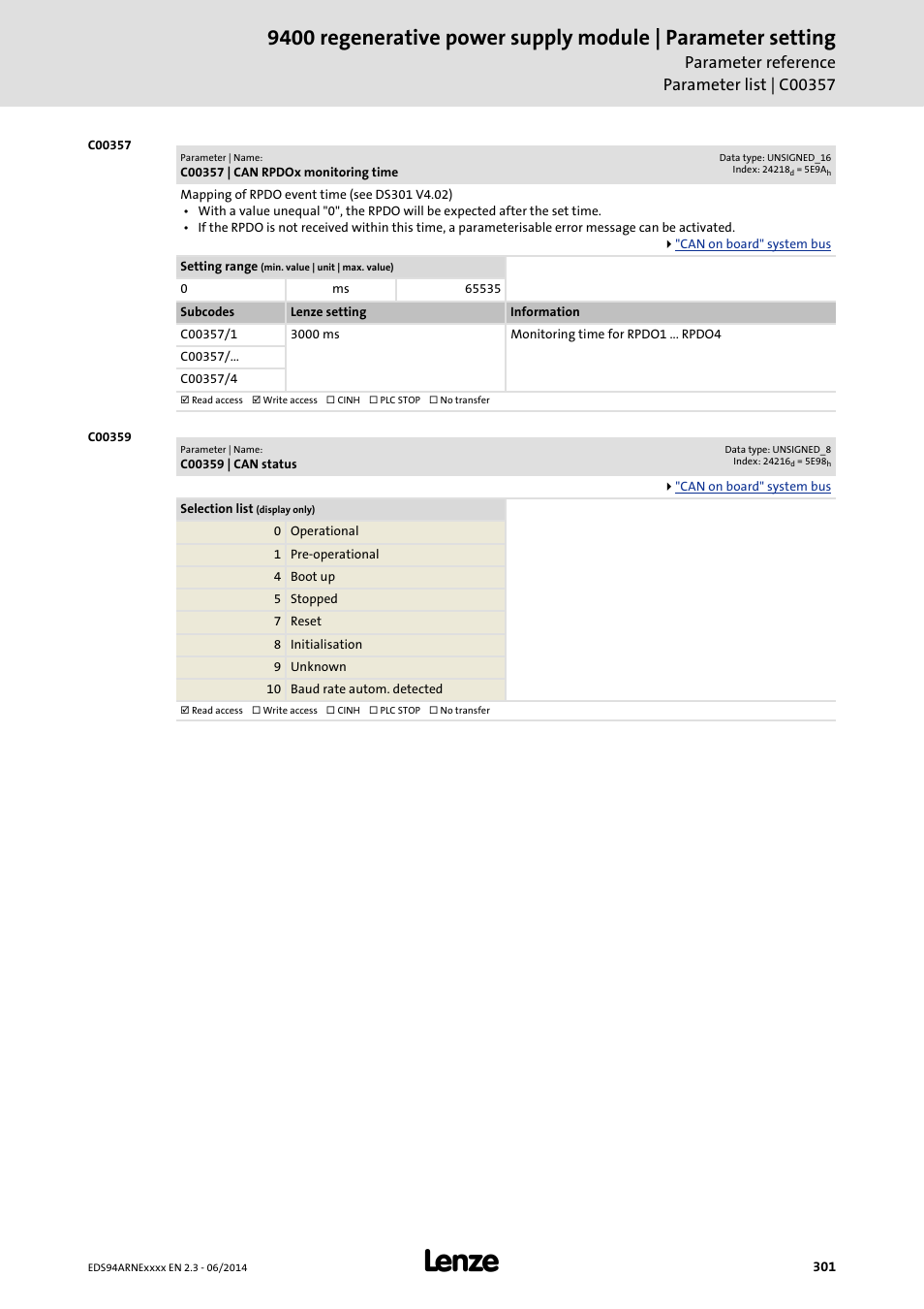 C00357 | can rpdox monitoring time, C00359 | can status, C00357/1 | C00359 | Lenze E94ARNE Regenerative power supply User Manual | Page 301 / 360