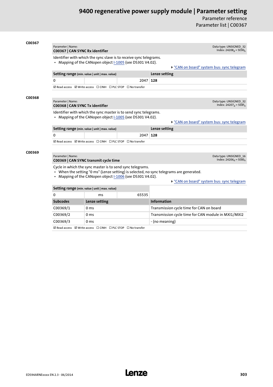 C00367 | can sync rx identifier, C00368 | can sync tx identifier, C00369 | can sync transmit cycle time | C00367, C00368, C00369/1, C00367 c00368, C00369, Nze codes | Lenze E94ARNE Regenerative power supply User Manual | Page 303 / 360