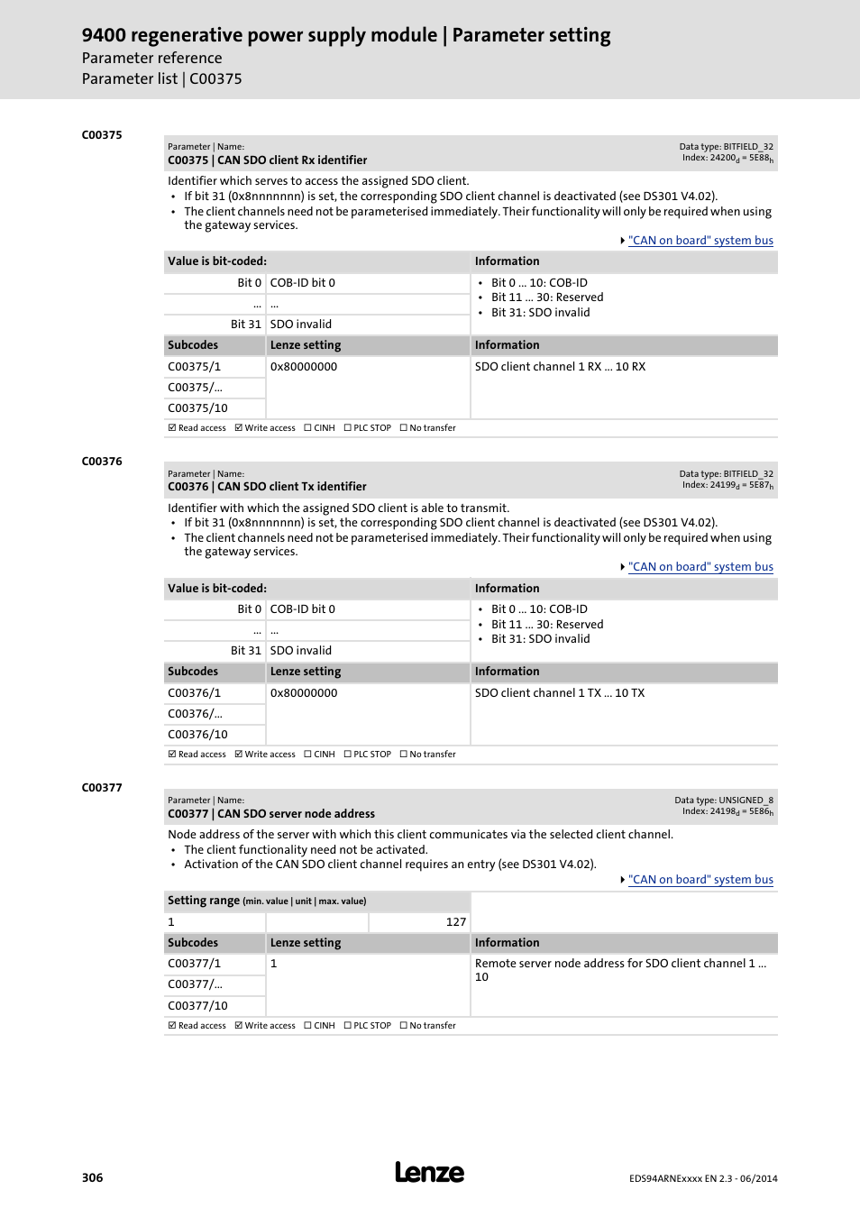 C00375 | can sdo client rx identifier, C00376 | can sdo client tx identifier, C00377 | can sdo server node address | Lenze E94ARNE Regenerative power supply User Manual | Page 306 / 360