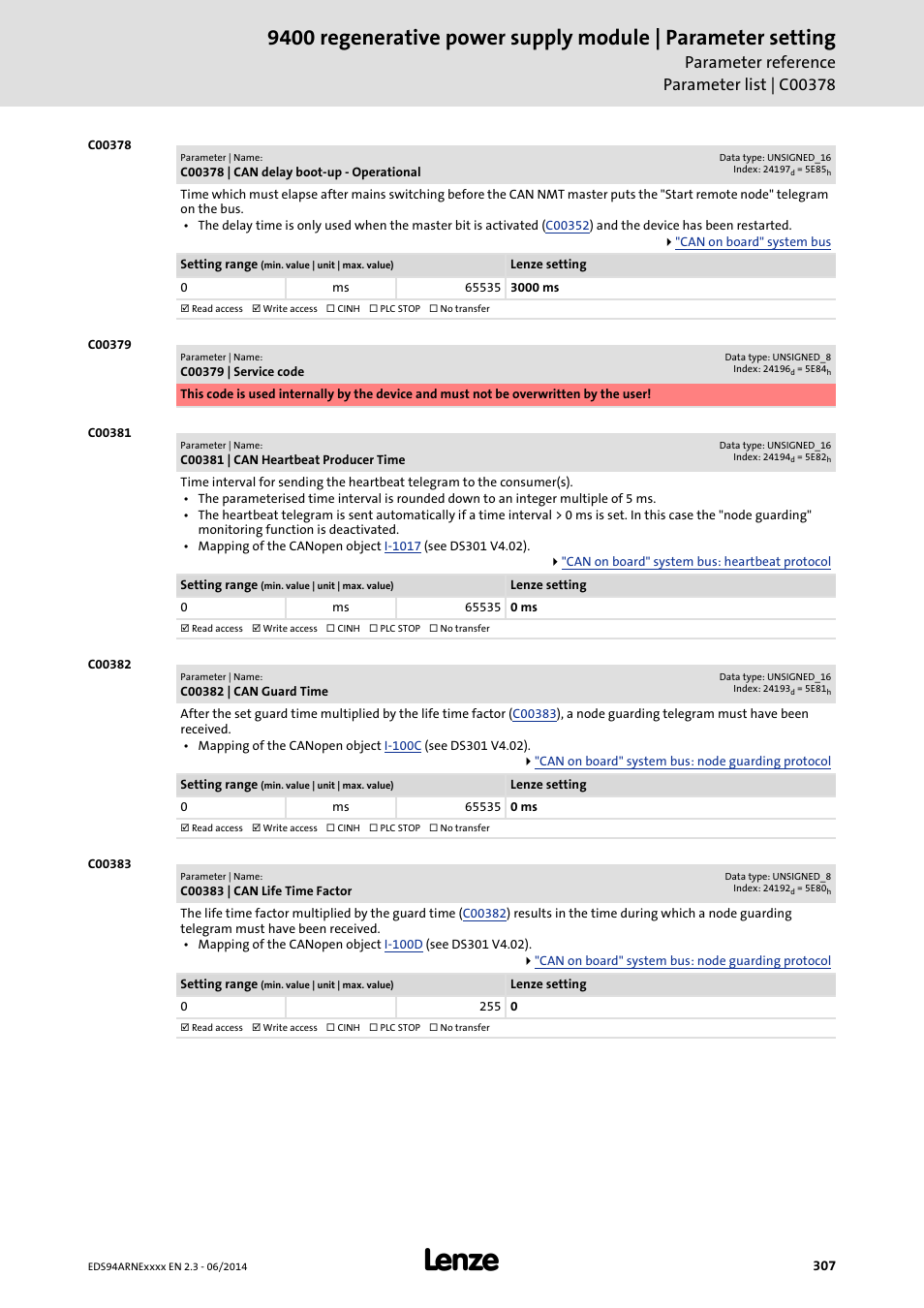 C00378 | can delay boot-up - operational, C00379 | service code, C00381 | can heartbeat producer time | C00382 | can guard time, C00383 | can life time factor, C00378, Serves to, C00382, C00383, C00381 | Lenze E94ARNE Regenerative power supply User Manual | Page 307 / 360