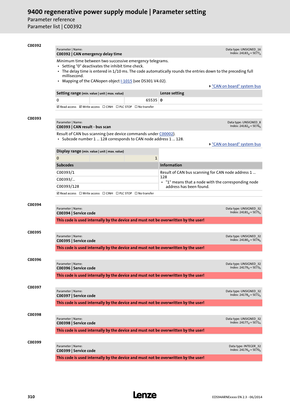 C00392 | can emergency delay time, C00393 | can result - bus scan, C00394 | service code | C00395 | service code, C00396 | service code, C00397 | service code, C00398 | service code, C00399 | service code, C00393, C00392 | Lenze E94ARNE Regenerative power supply User Manual | Page 310 / 360