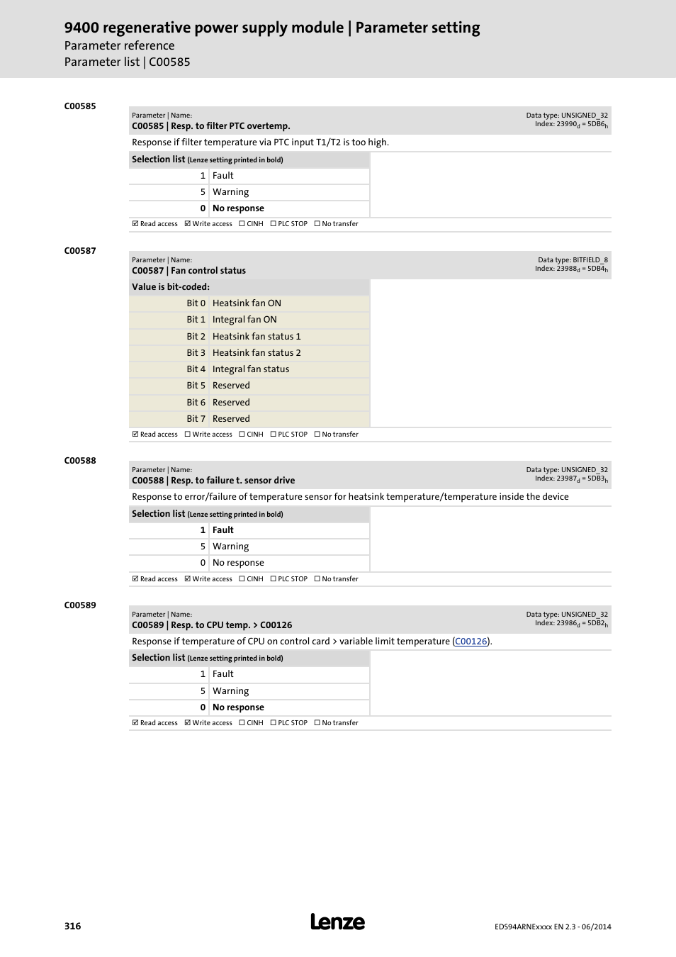 C00585 | resp. to filter ptc overtemp, C00587 | fan control status, C00588 | resp. to failure t. sensor drive | C00589 | resp. to cpu temp. > c00126, C00589, C00588 | Lenze E94ARNE Regenerative power supply User Manual | Page 316 / 360