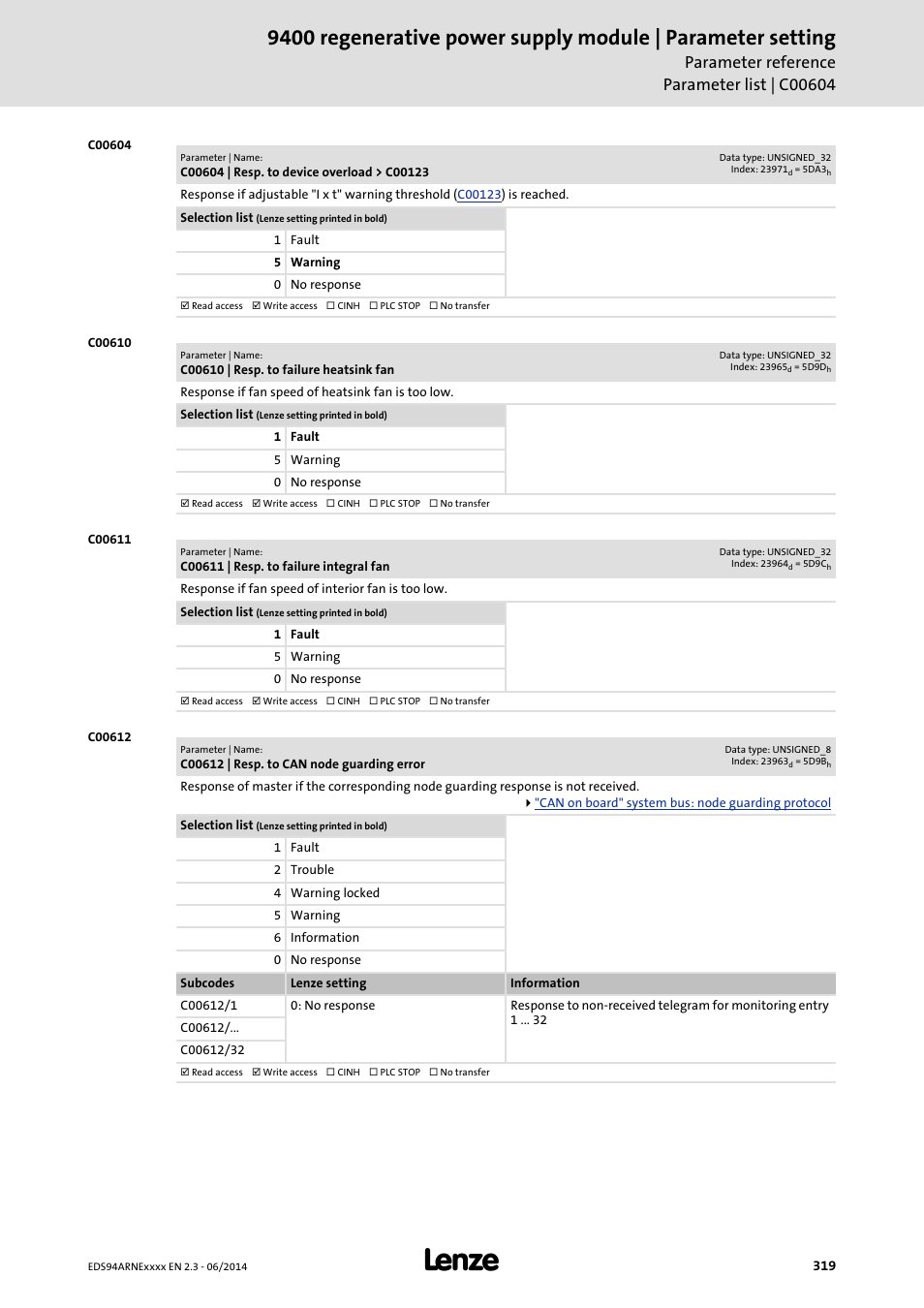 C00604 | resp. to device overload > c00123, C00610 | resp. to failure heatsink fan, C00611 | resp. to failure integral fan | C00612 | resp. to can node guarding error, C00604, Occu, C00612/1, Go to, C00610, C00611 | Lenze E94ARNE Regenerative power supply User Manual | Page 319 / 360