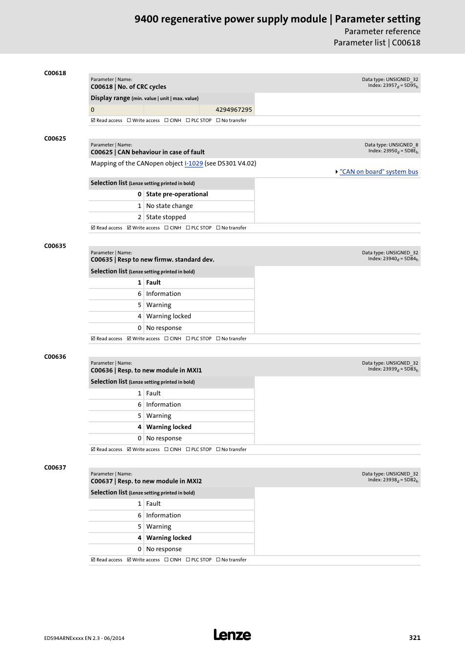C00618 | no. of crc cycles, C00625 | can behaviour in case of fault, C00635 | resp to new firmw. standard dev | C00636 | resp. to new module in mxi1, C00637 | resp. to new module in mxi2, C00625, Nother state change can be set in, Serves to set | Lenze E94ARNE Regenerative power supply User Manual | Page 321 / 360