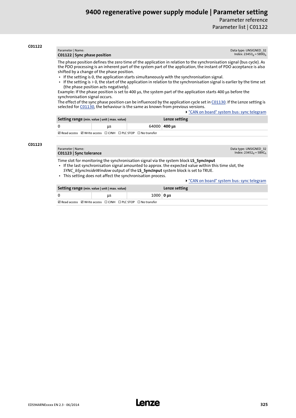 C01122 | sync phase position, C01123 | sync tolerance, C01122 | C01123, Phase position, Is set to a higher value, Value via | Lenze E94ARNE Regenerative power supply User Manual | Page 325 / 360