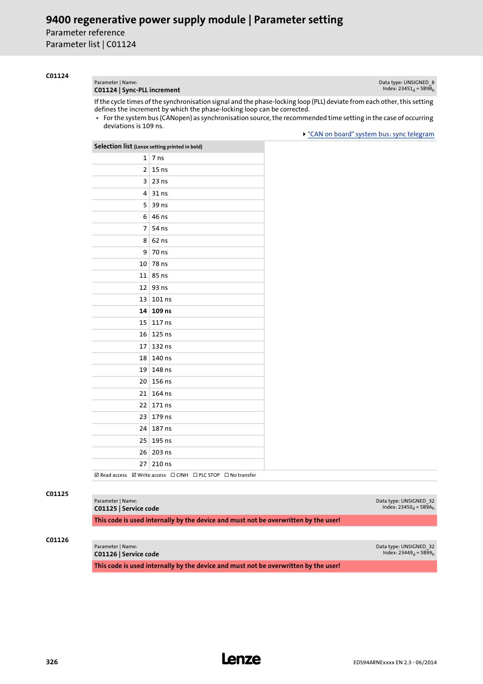 C01124 | sync-pll increment, C01125 | service code, C01126 | service code | C01124, Defines the increment | Lenze E94ARNE Regenerative power supply User Manual | Page 326 / 360