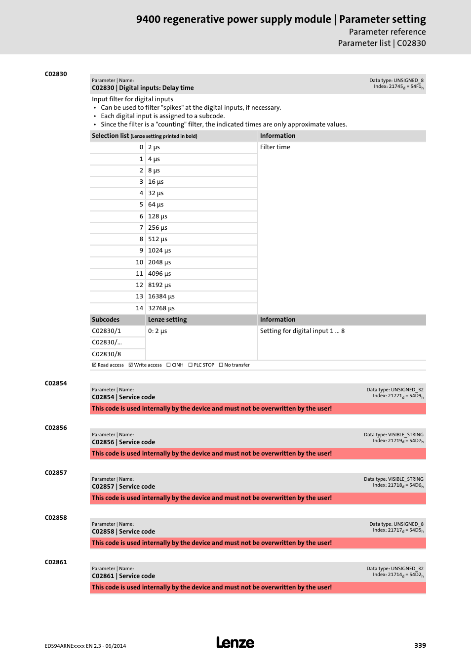 C02830 | digital inputs: delay time, C02854 | service code, C02856 | service code | C02857 | service code, C02858 | service code, C02861 | service code, C02830 | Lenze E94ARNE Regenerative power supply User Manual | Page 339 / 360