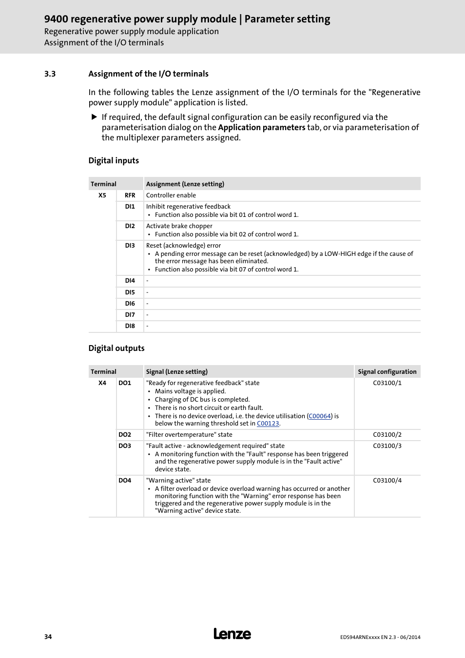 3 assignment of the i/o terminals, Assignment of the i/o terminals | Lenze E94ARNE Regenerative power supply User Manual | Page 34 / 360