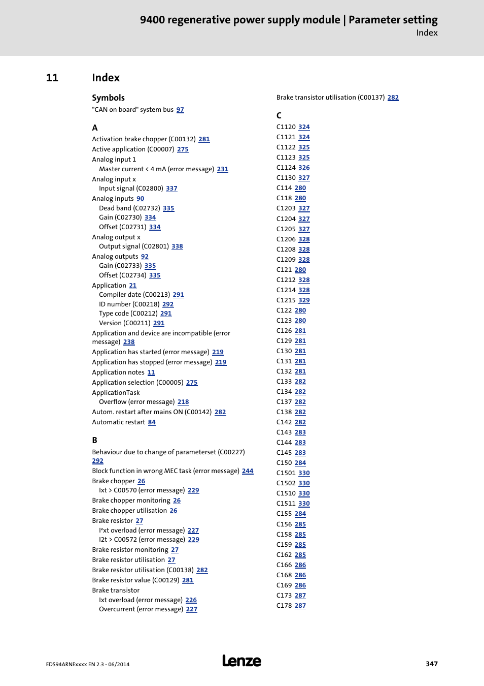 11 index, Index | Lenze E94ARNE Regenerative power supply User Manual | Page 347 / 360