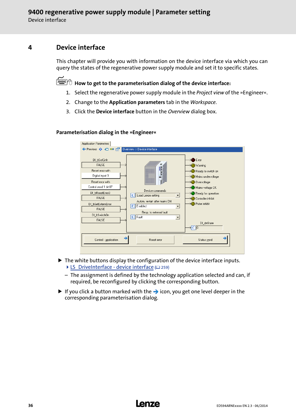 4 device interface, Device interface | Lenze E94ARNE Regenerative power supply User Manual | Page 36 / 360