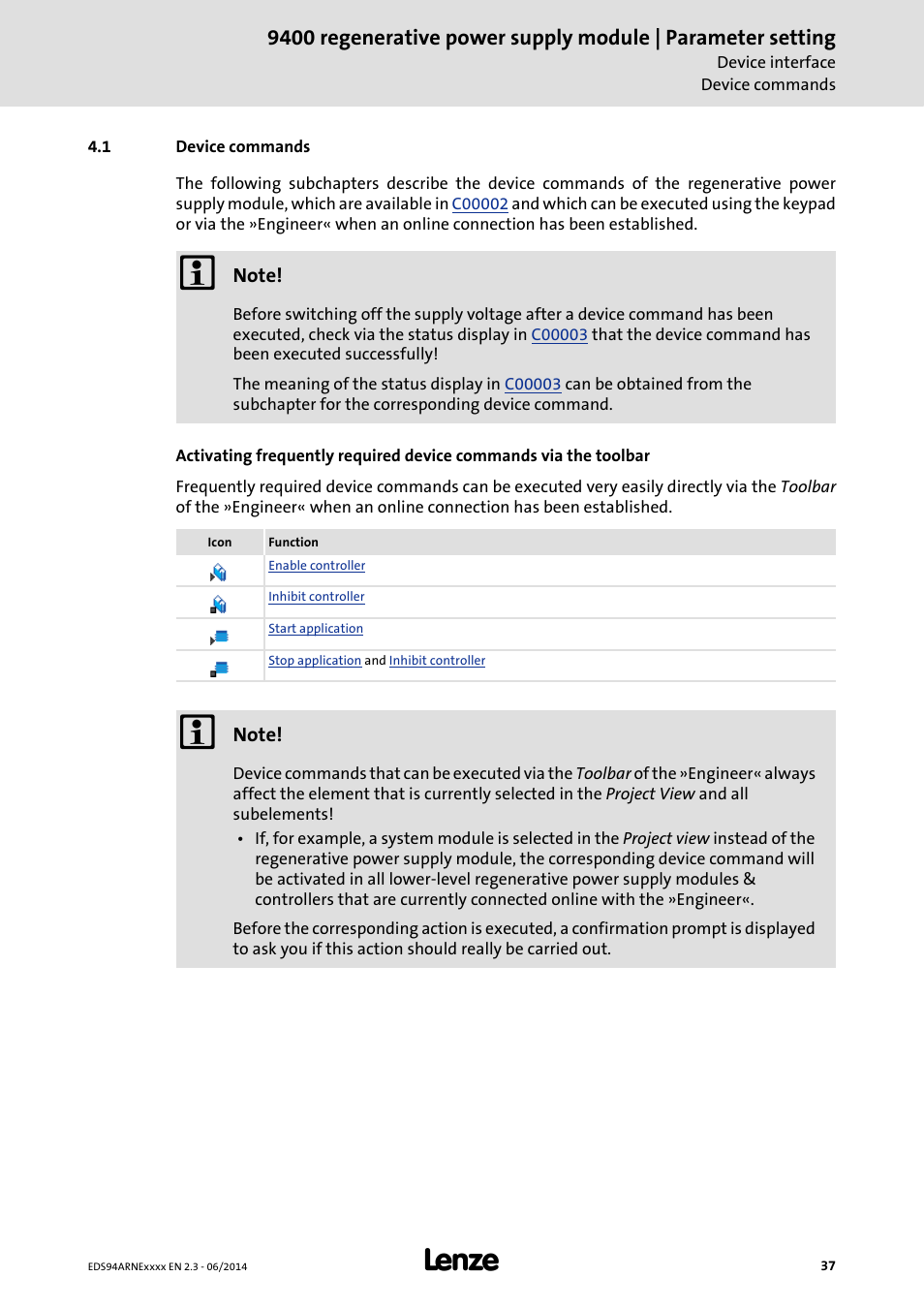 1 device commands, Device commands | Lenze E94ARNE Regenerative power supply User Manual | Page 37 / 360