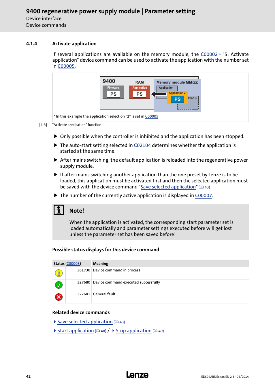 4 activate application, Activate application | Lenze E94ARNE Regenerative power supply User Manual | Page 42 / 360