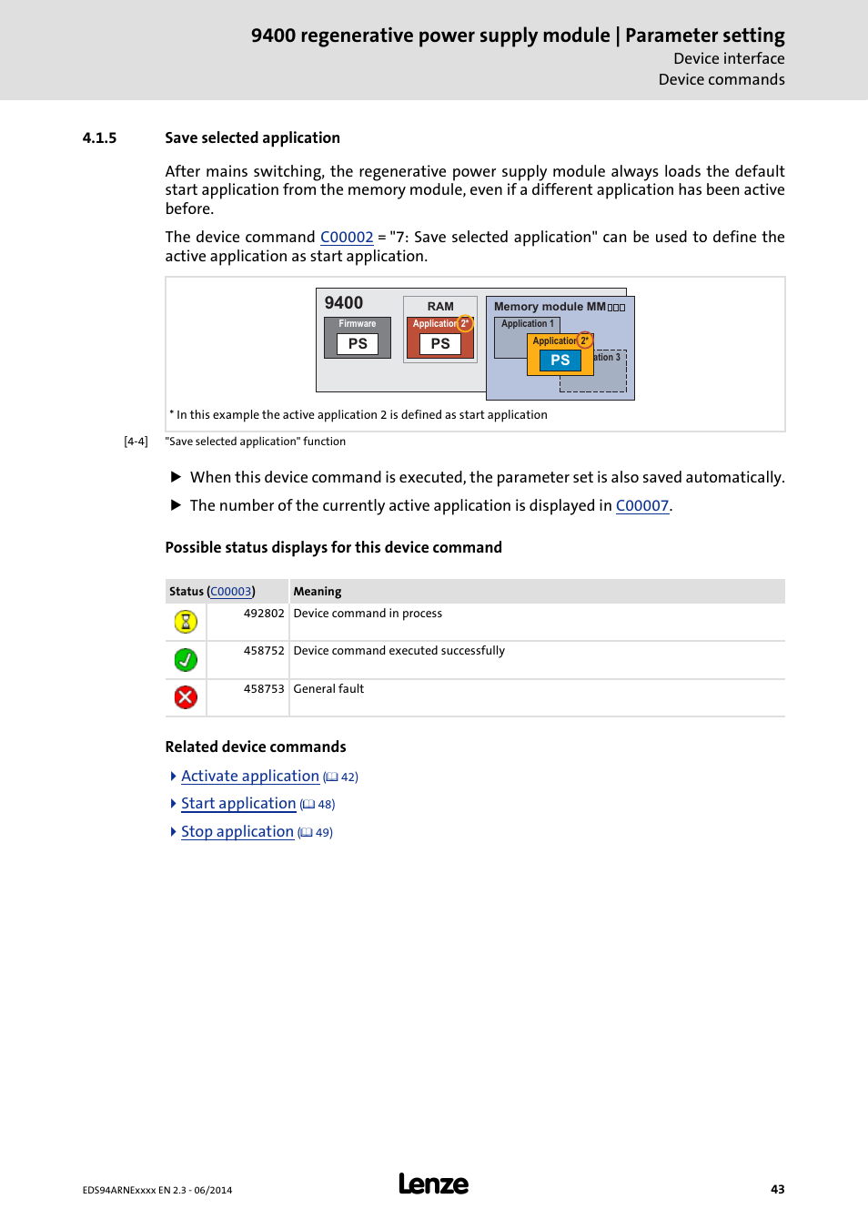 5 save selected application, Save selected application | Lenze E94ARNE Regenerative power supply User Manual | Page 43 / 360