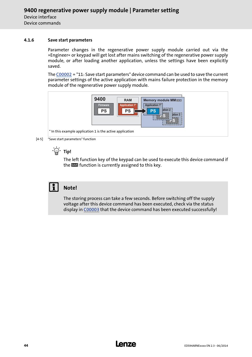 6 save start parameters, Save start parameters | Lenze E94ARNE Regenerative power supply User Manual | Page 44 / 360