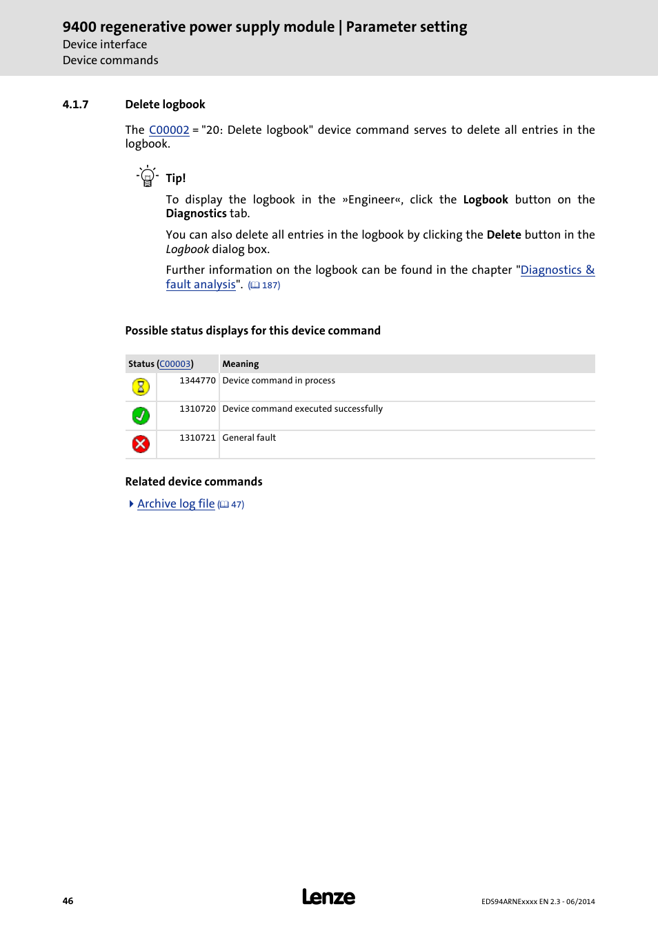 7 delete logbook, Delete logbook | Lenze E94ARNE Regenerative power supply User Manual | Page 46 / 360