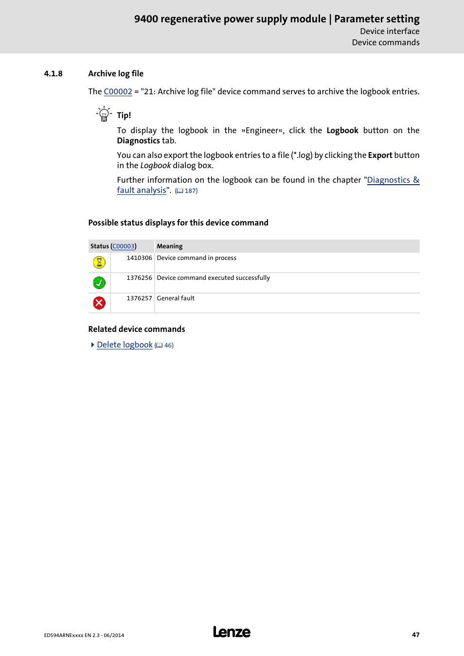 8 archive log file, Archive log file | Lenze E94ARNE Regenerative power supply User Manual | Page 47 / 360