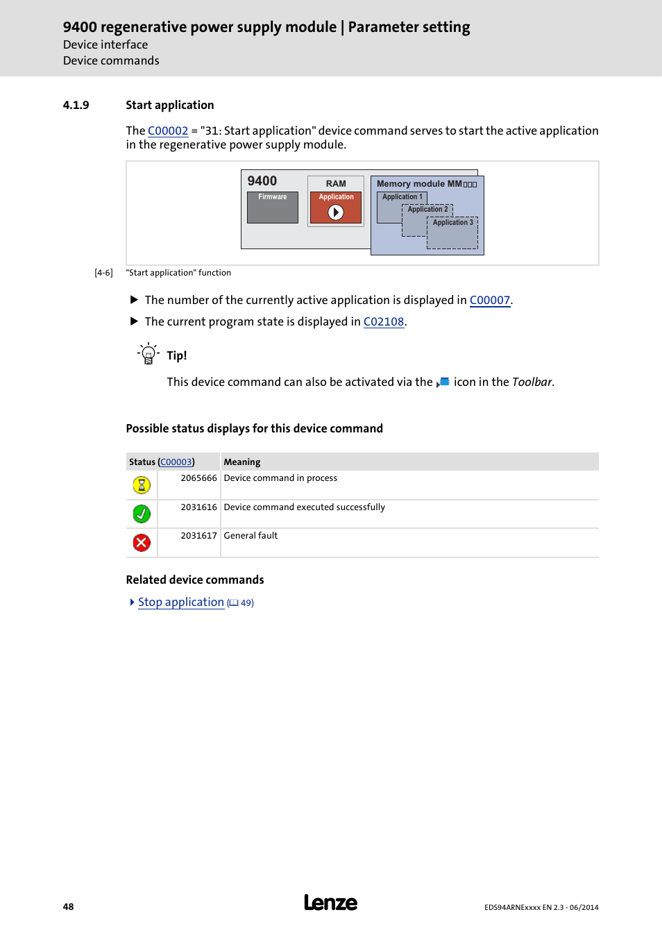 9 start application, Start application | Lenze E94ARNE Regenerative power supply User Manual | Page 48 / 360