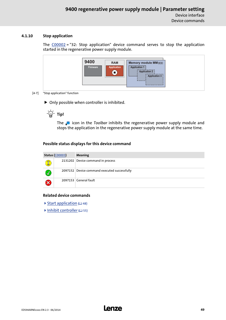 10 stop application, Stop application | Lenze E94ARNE Regenerative power supply User Manual | Page 49 / 360