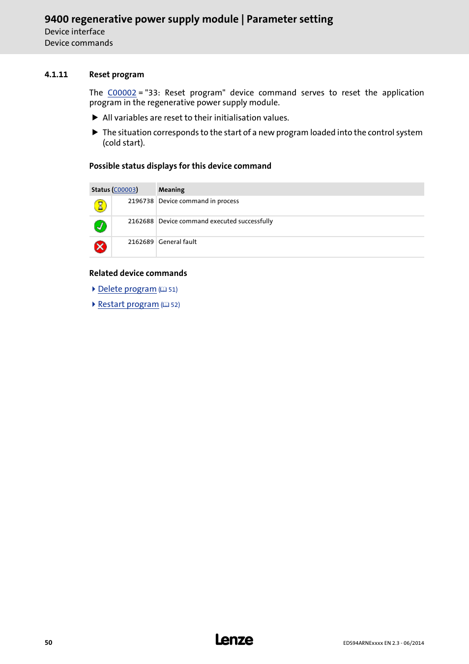 11 reset program, Reset program | Lenze E94ARNE Regenerative power supply User Manual | Page 50 / 360