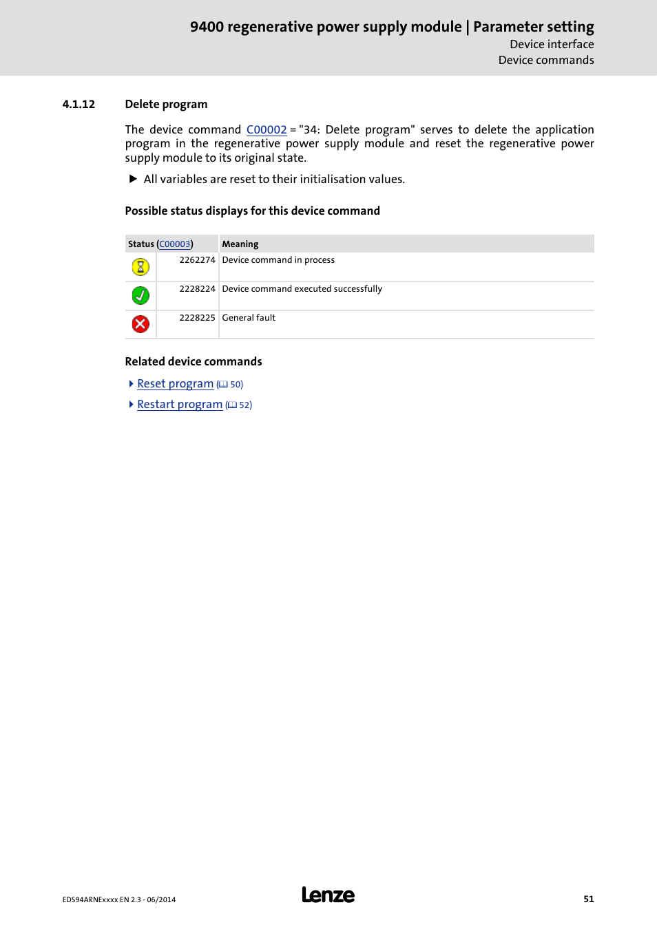 12 delete program, Delete program | Lenze E94ARNE Regenerative power supply User Manual | Page 51 / 360