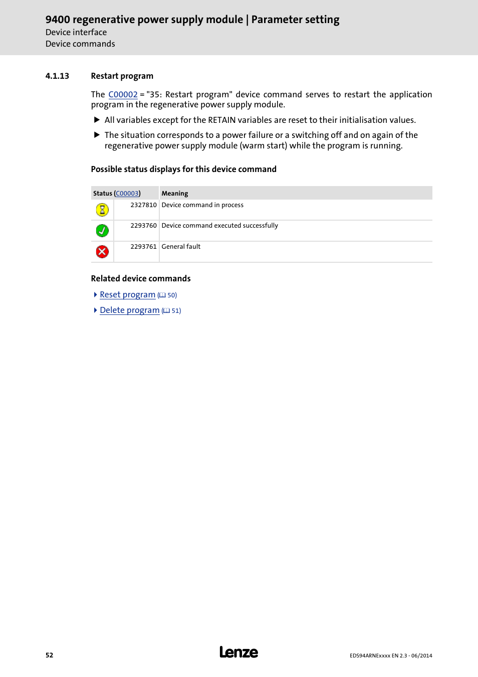 13 restart program, Restart program | Lenze E94ARNE Regenerative power supply User Manual | Page 52 / 360