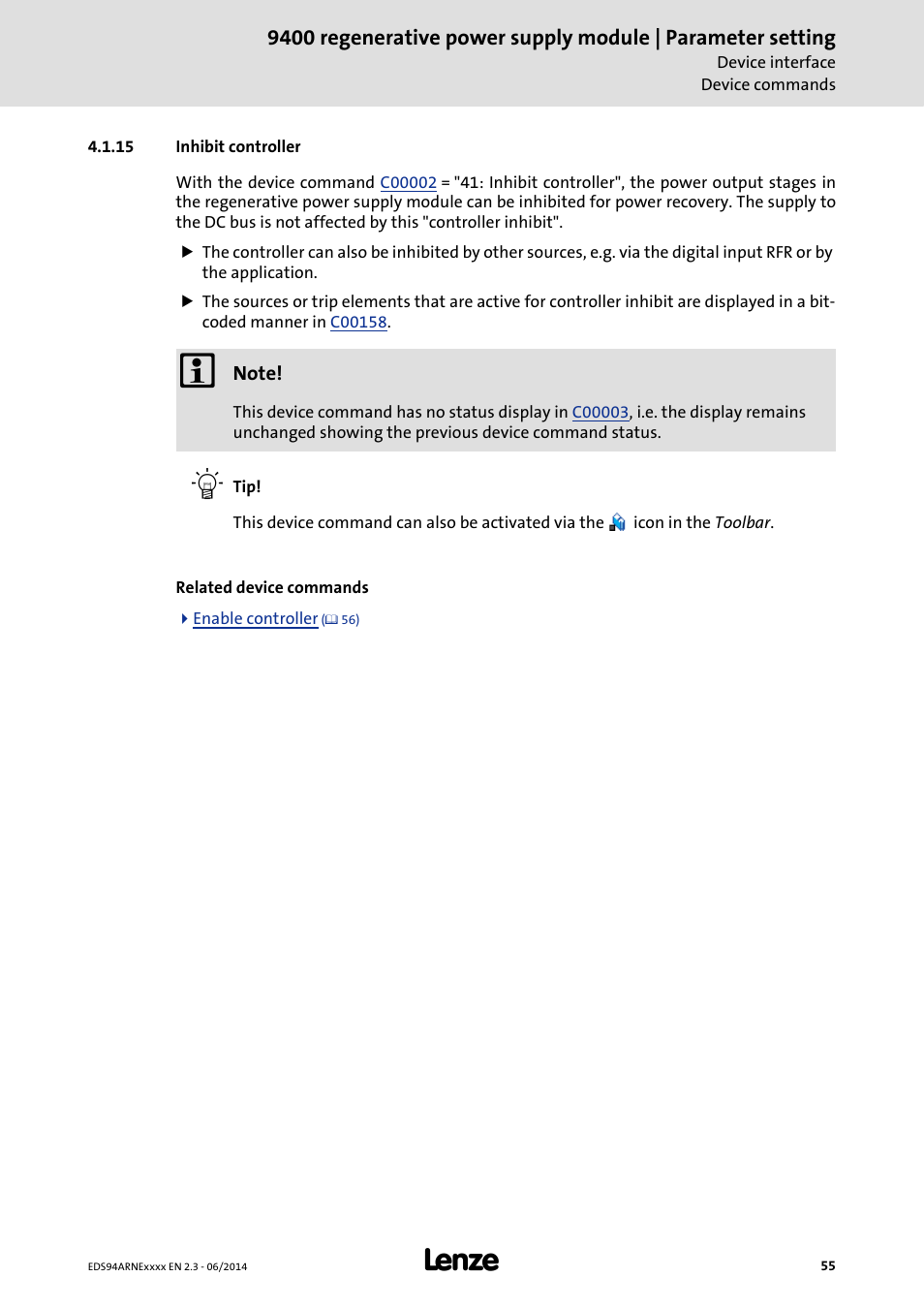 15 inhibit controller, Inhibit controller | Lenze E94ARNE Regenerative power supply User Manual | Page 55 / 360