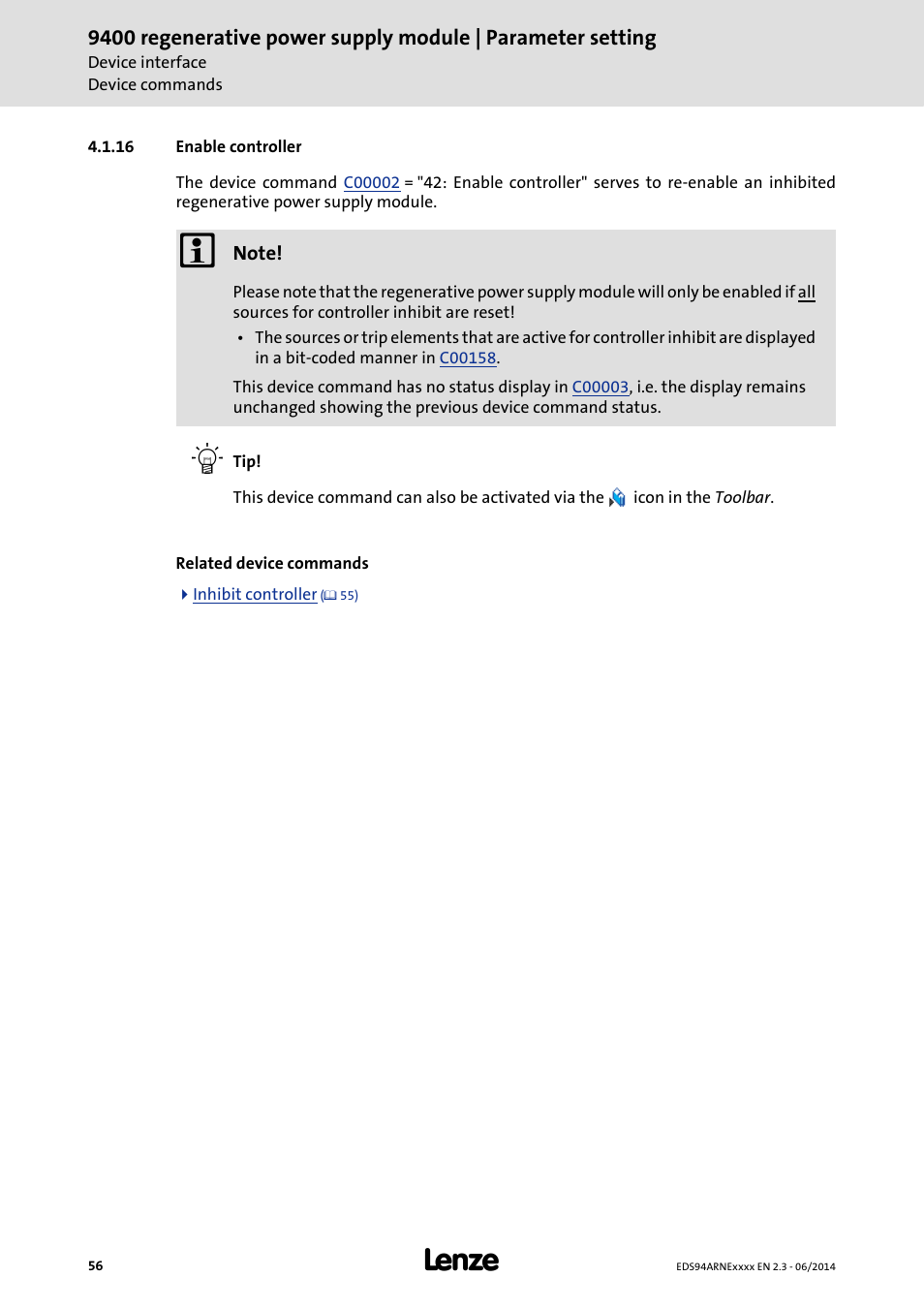 16 enable controller, Enable controller | Lenze E94ARNE Regenerative power supply User Manual | Page 56 / 360