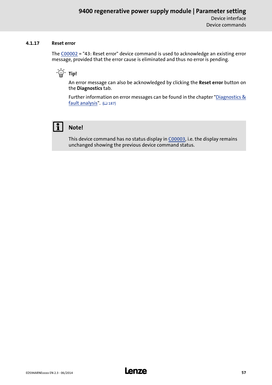 17 reset error, Reset error | Lenze E94ARNE Regenerative power supply User Manual | Page 57 / 360