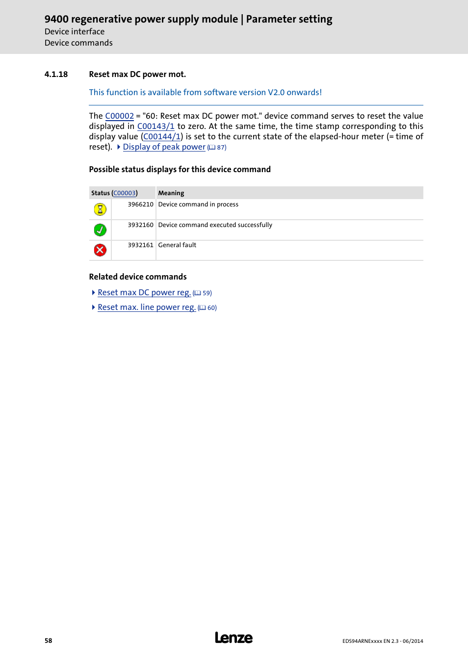 18 reset max dc power mot, Reset max dc power mot | Lenze E94ARNE Regenerative power supply User Manual | Page 58 / 360