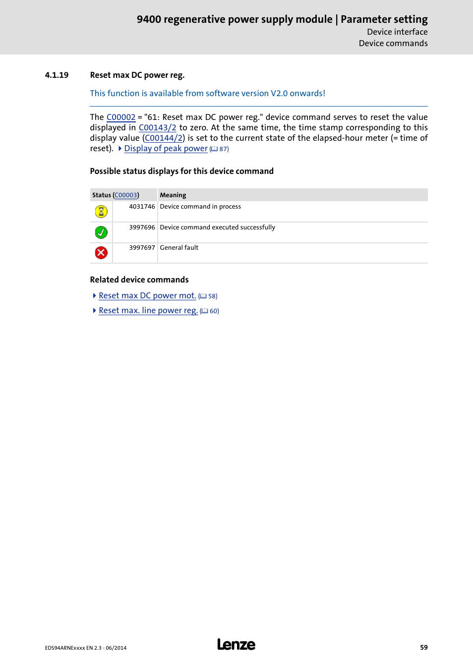 19 reset max dc power reg, Reset max dc power reg | Lenze E94ARNE Regenerative power supply User Manual | Page 59 / 360