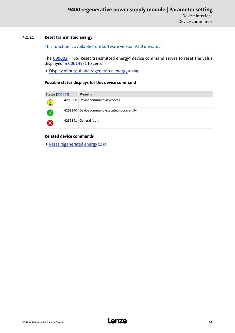 21 reset transmitted energy, Reset transmitted energy | Lenze E94ARNE Regenerative power supply User Manual | Page 61 / 360