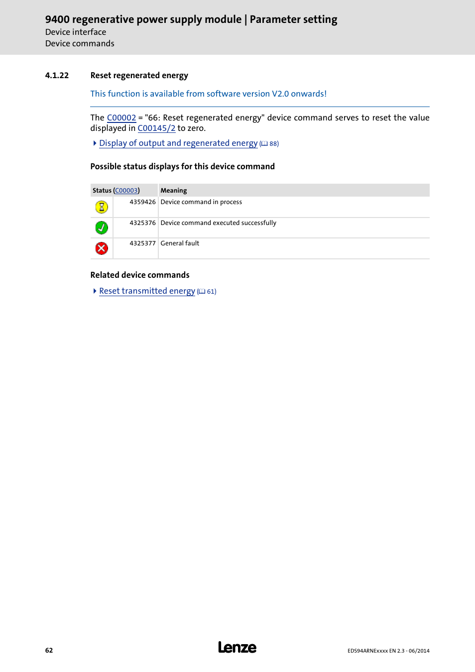 22 reset regenerated energy, Reset regenerated energy | Lenze E94ARNE Regenerative power supply User Manual | Page 62 / 360
