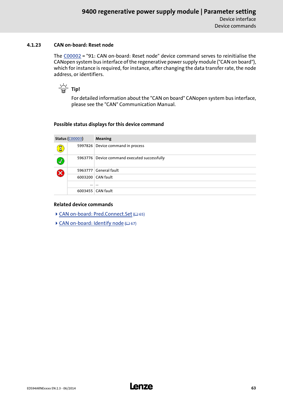 23 can on-board: reset node, Can on-board: reset node | Lenze E94ARNE Regenerative power supply User Manual | Page 63 / 360