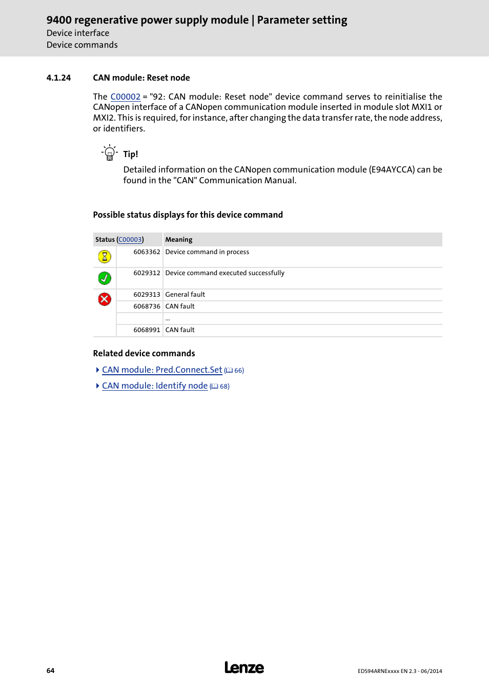 24 can module: reset node, Can module: reset node | Lenze E94ARNE Regenerative power supply User Manual | Page 64 / 360