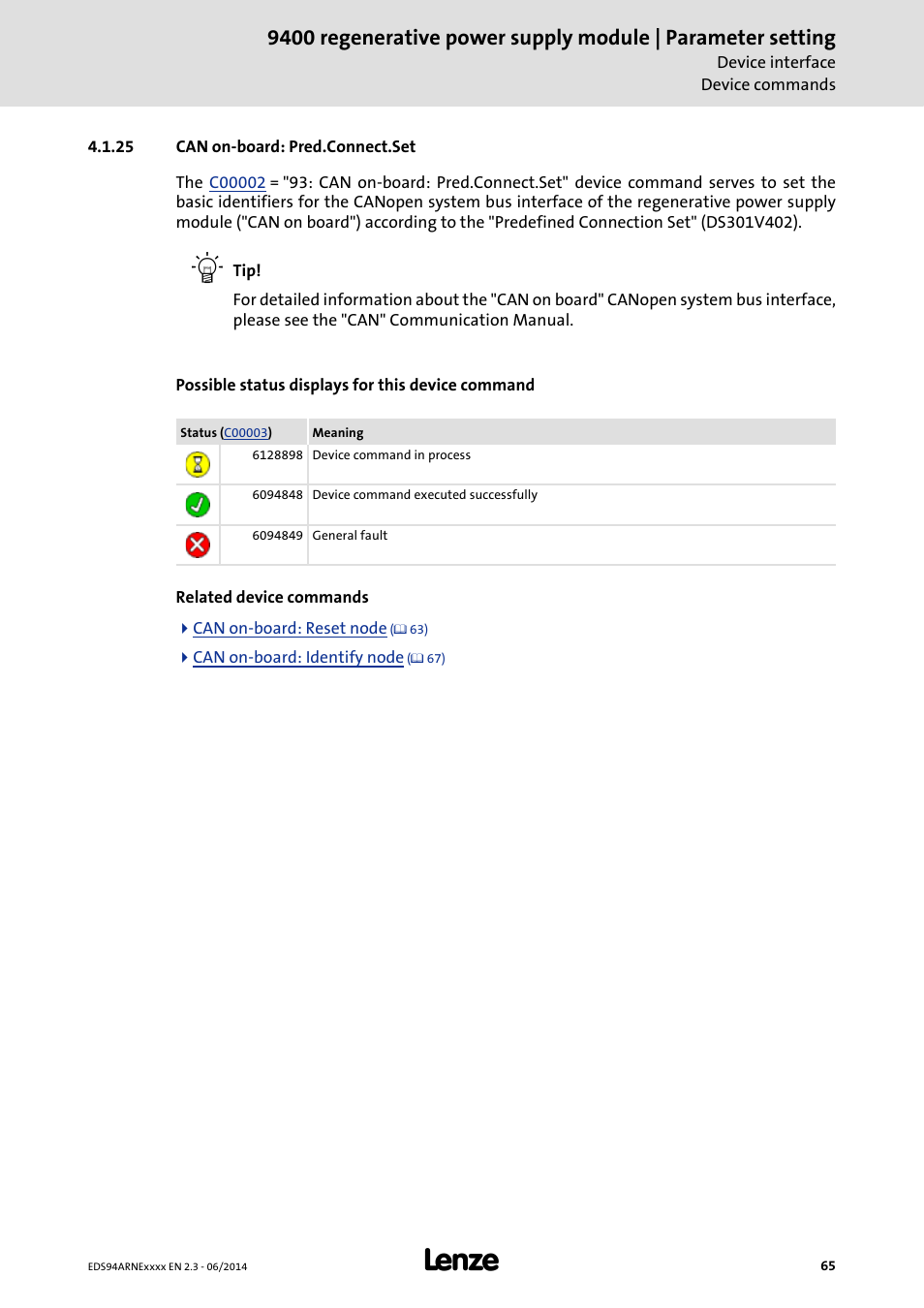 25 can on-board: pred.connect.set, Can on-board: pred.connect.set | Lenze E94ARNE Regenerative power supply User Manual | Page 65 / 360