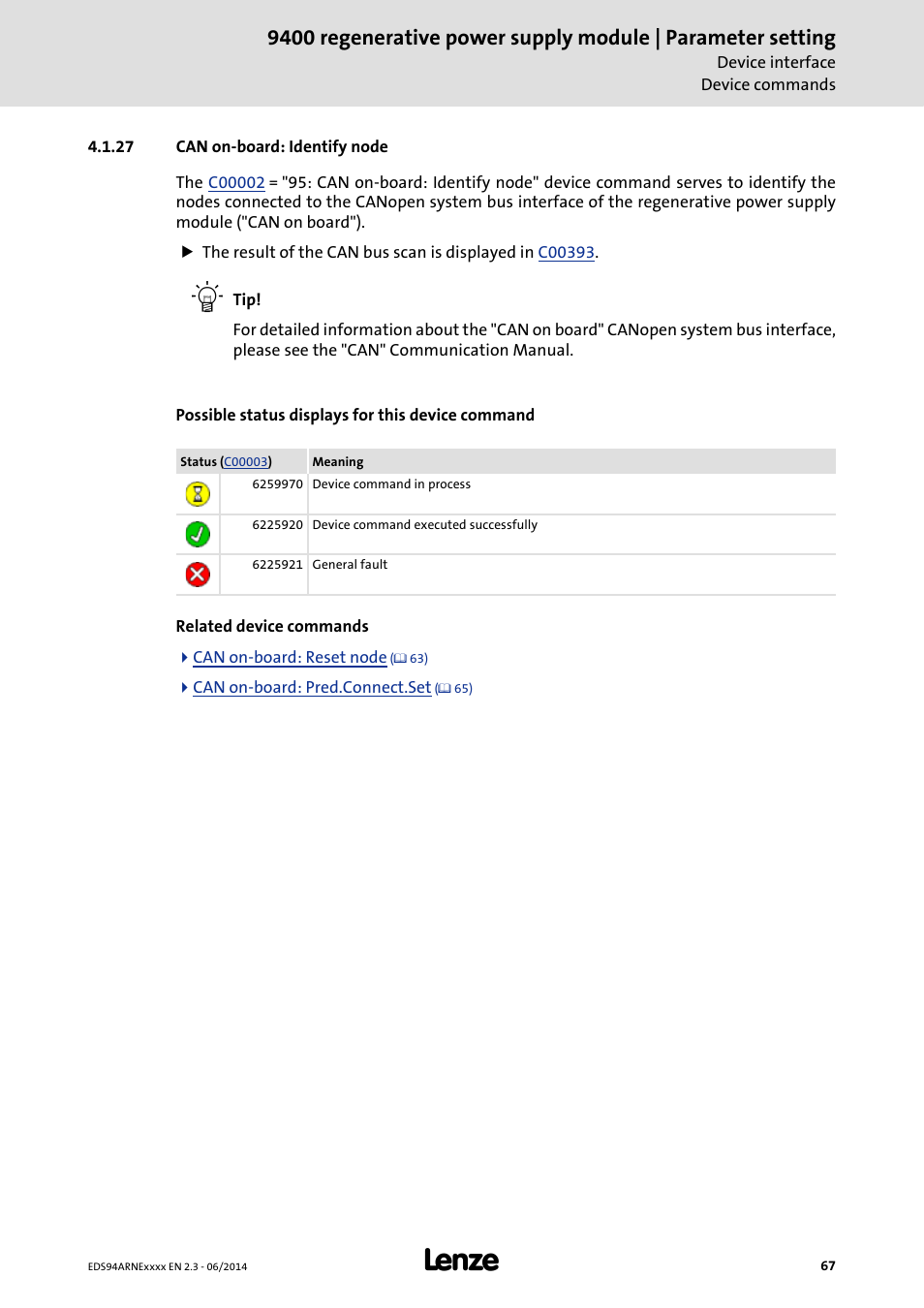 27 can on-board: identify node, Can on-board: identify node | Lenze E94ARNE Regenerative power supply User Manual | Page 67 / 360