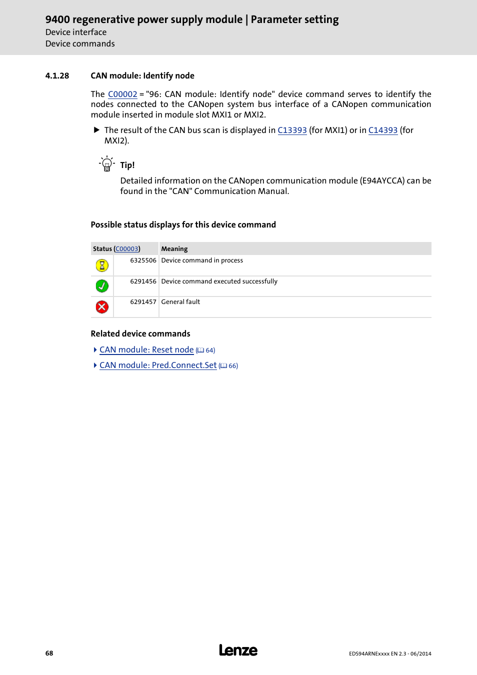 28 can module: identify node, Can module: identify node | Lenze E94ARNE Regenerative power supply User Manual | Page 68 / 360